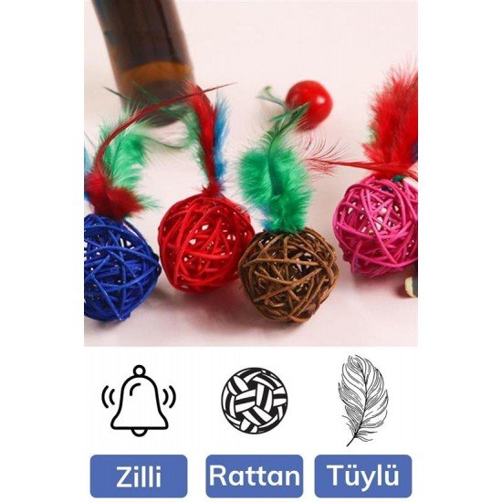 2li Rattan Renkli Peluş Tüy Kedi Köpek Oyuncak Yakalama Çiğneme Çıngıraklı Top Oyuncağı