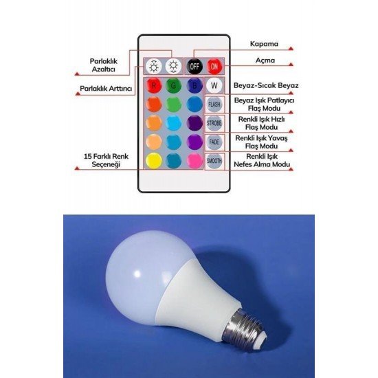 9w Uzaktan Kumandalı 15 Farklı Renk Seçenekli Led Ampul