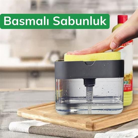 İkisi Bir Arada  Basmalı Pratik Sıvı Sabunluk Pompası ve Bulaşık Yıkama Süngeri Haznesi