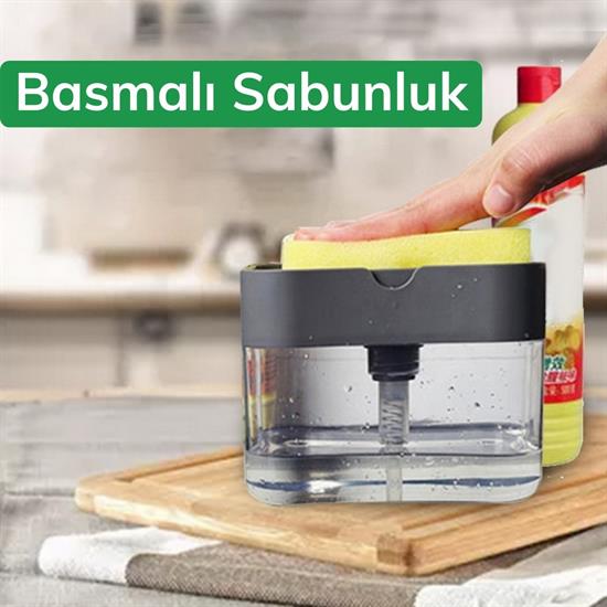 İkisi Bir Arada  Basmalı Pratik Sıvı Sabunluk Pompası ve Bulaşık Yıkama Süngeri Haznesi