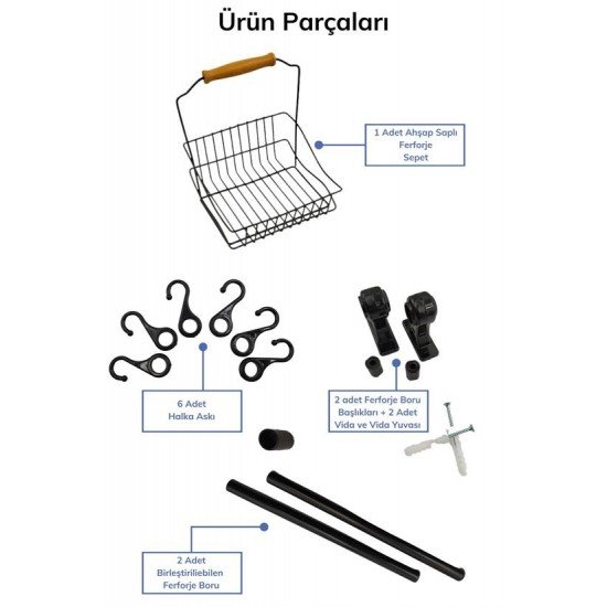 Retro Ferforje Askılı Siyah  Ahşap Kulplu Düzenleyici Mutfak Sepeti