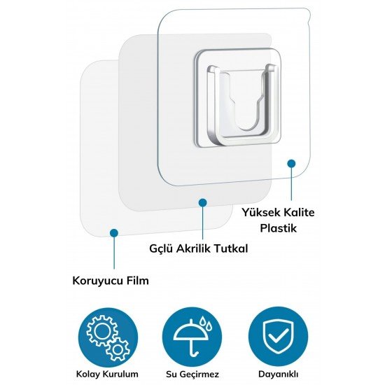 Eşya Sabitleme Askısı 10 Çift Şeffaf Çift Taraflı Yapışkanlı Geçmeli Klips